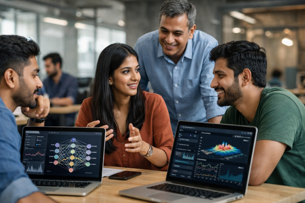 Indian AI startup founders building artificial intelligence products in a modern tech office