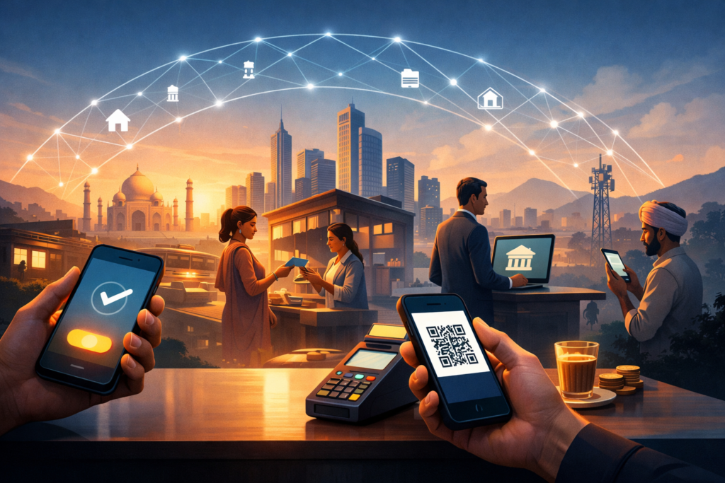 Illustration showing India’s fintech startup ecosystem and digital payments infrastructure