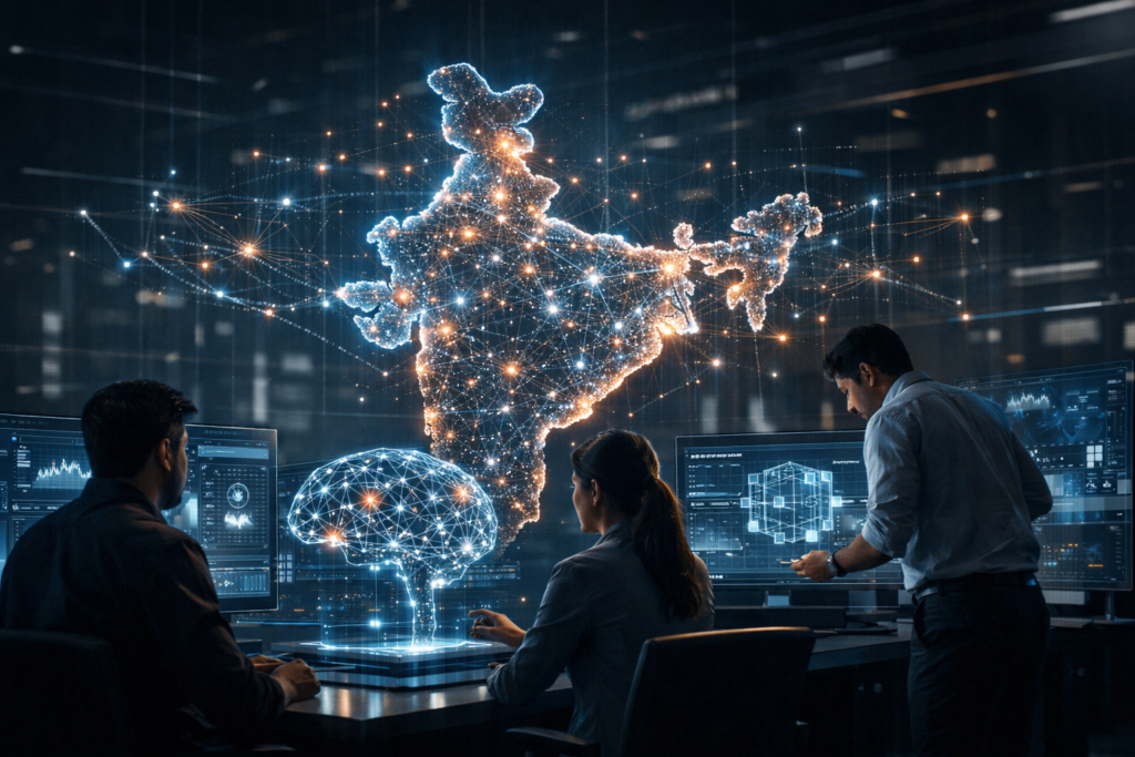 Indian artificial intelligence ecosystem with engineers and digital neural network visualization