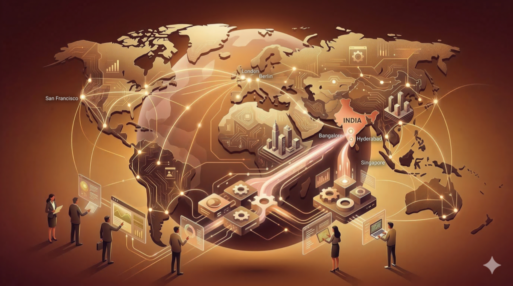 Illustration representing global SaaS platforms and enterprise software innovation