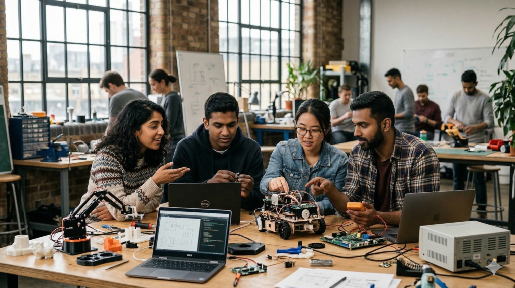 Startup founders and engineers collaborating on early stage technology prototypes in a modern workspace