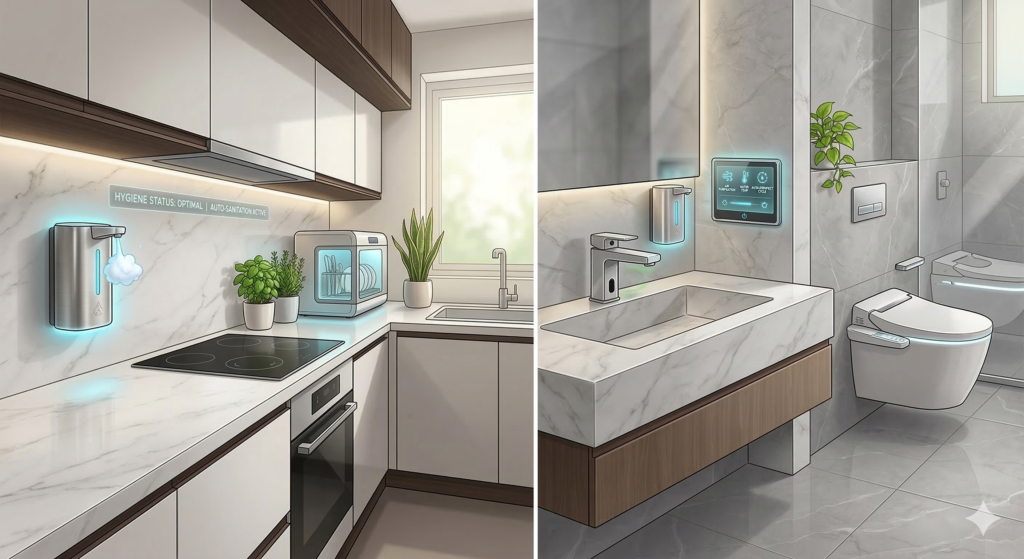 A modern Indian smart home kitchen and bathroom