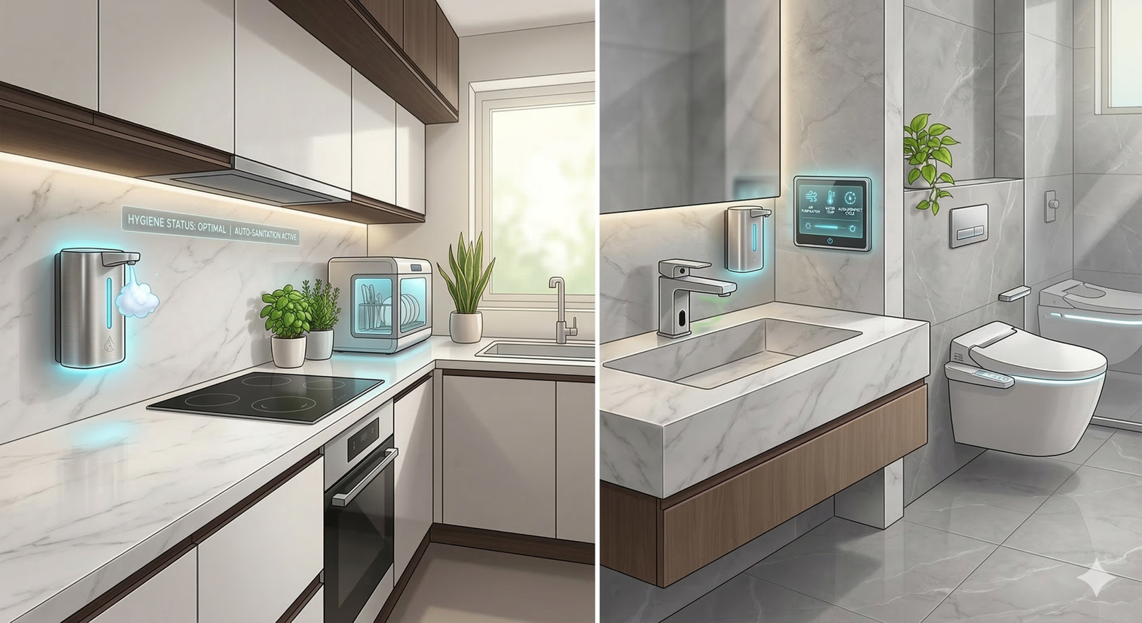 A modern Indian smart home kitchen and bathroom