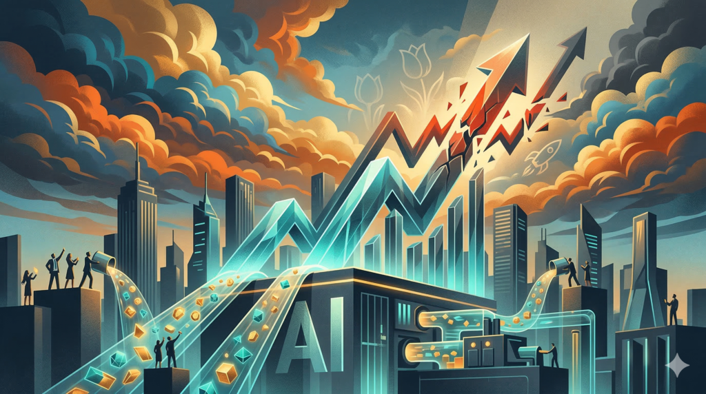 Illustration representing the surge of global investment in artificial intelligence and the debate around a potential tech bubble