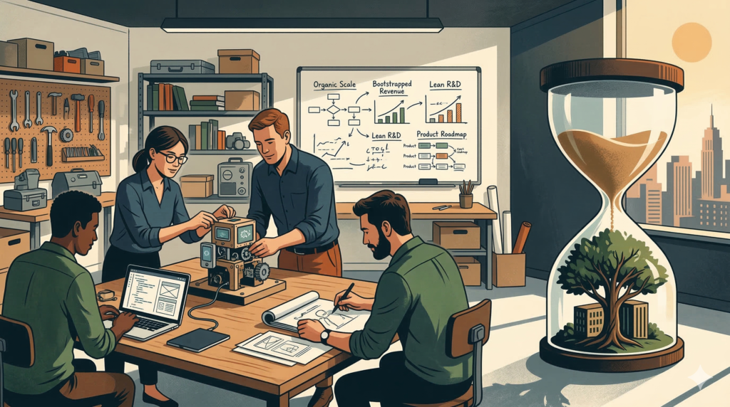 Illustration showing founders building a bootstrapped startup without venture capital