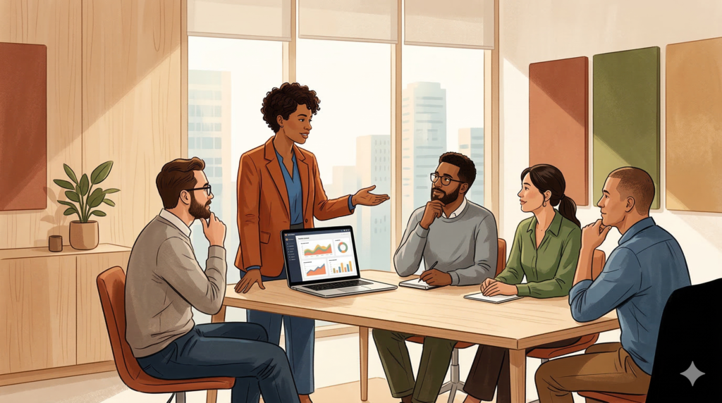 Startup founder presenting a product demo to early customers during founder-led sales