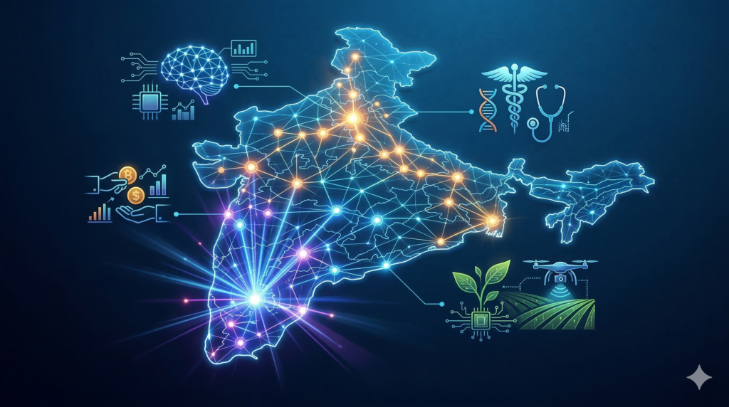 Illustration showing emerging Indian startups across AI, fintech, healthtech and agritech sectors