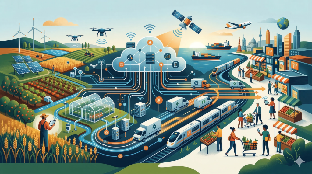 Illustration representing a digital farm-to-market agricultural supply chain platform