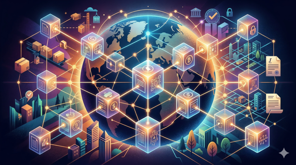 Illustration representing decentralized blockchain networks connecting digital transactions
