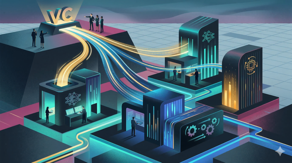 Illustration showing venture capital investment flowing into artificial intelligence startups