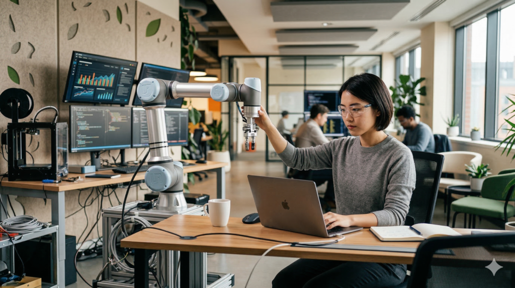 Professional collaborating with an artificial intelligence system in a modern workplace environment