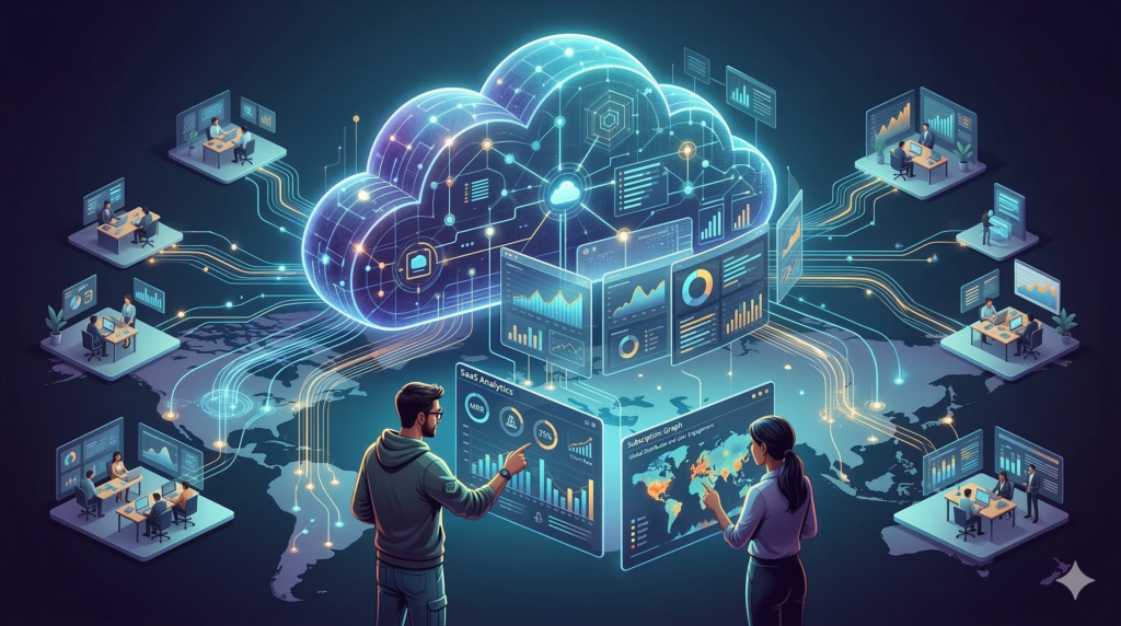 Illustration showing scalable SaaS cloud software platforms used by global startups