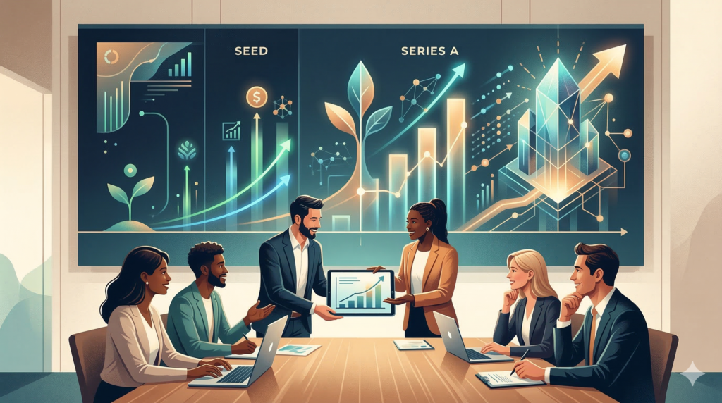 Illustration showing venture capital investors funding an early stage startup