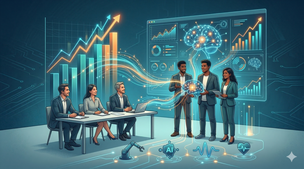 Editorial illustration about venture capital and AI startups