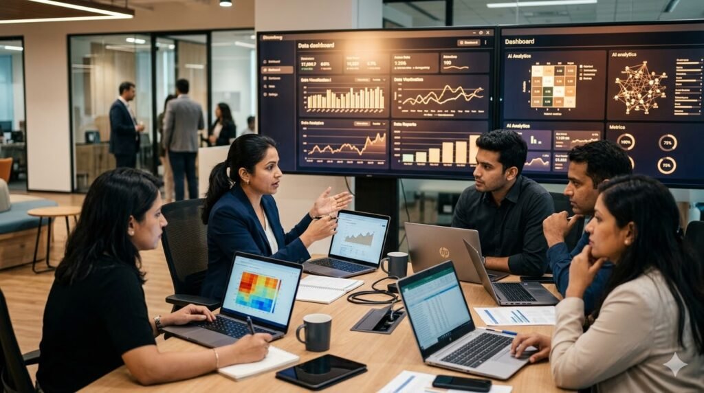 Business professionals analyzing AI data dashboards in a modern office environment