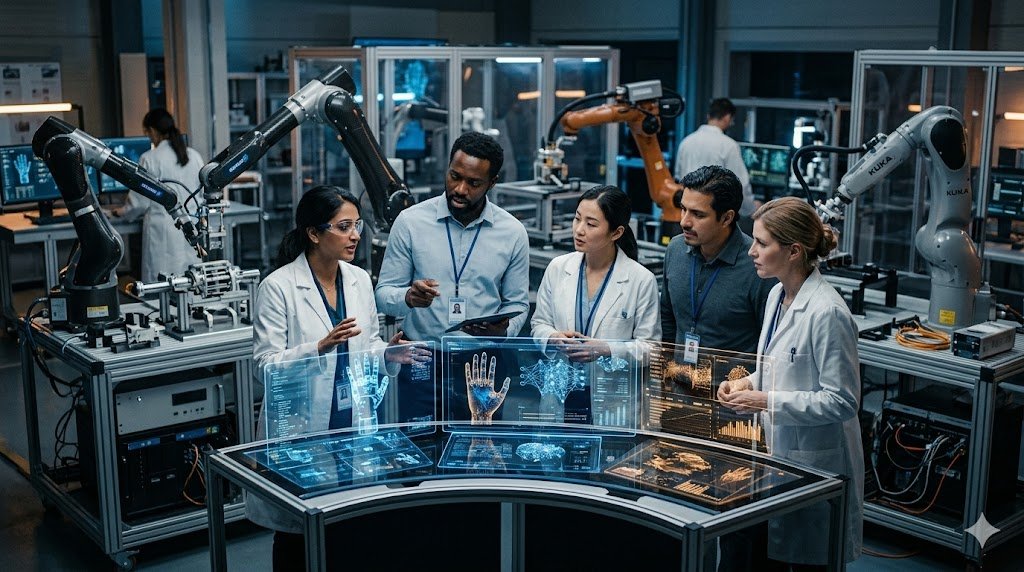 Scientists and engineers collaborating in an advanced technology research lab exploring future innovations