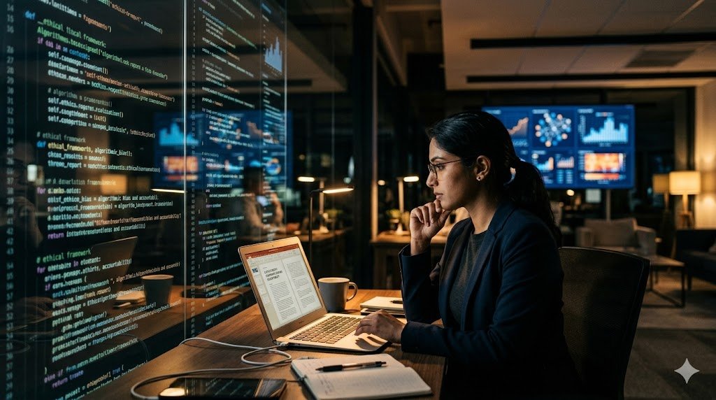 Technology professional analyzing artificial intelligence ethics and data responsibility in a modern office