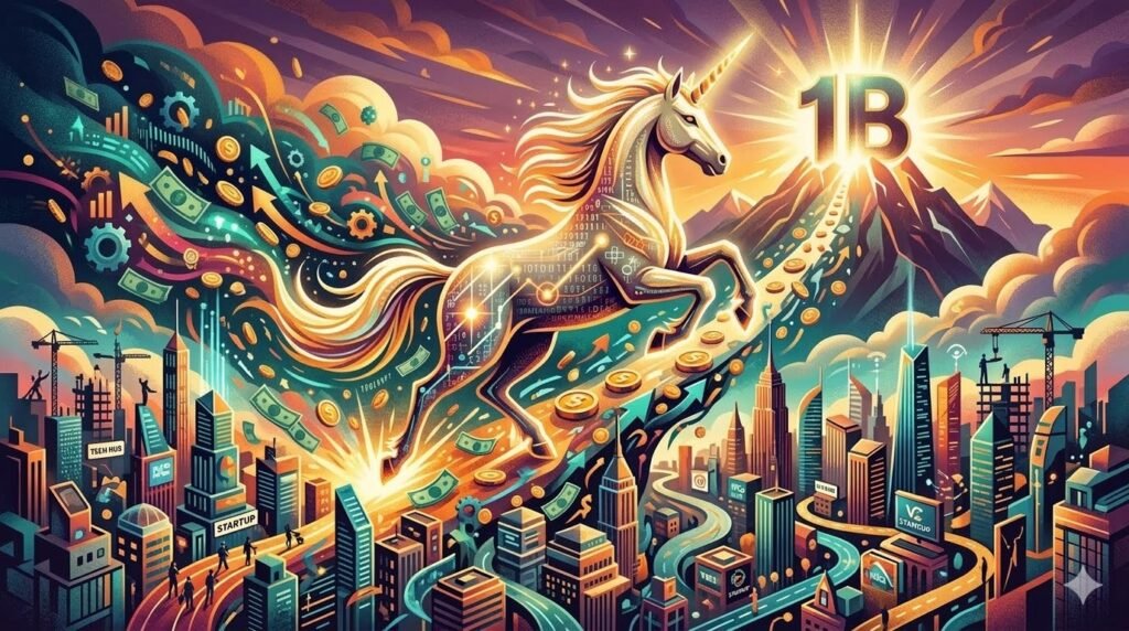 Illustration representing a unicorn startup reaching billion-dollar valuation